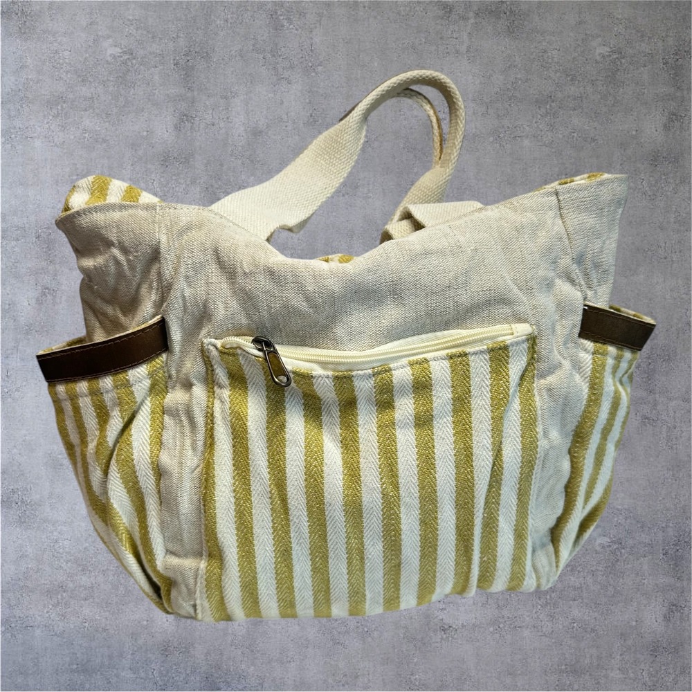 Sun‎ N Sand Tote Bag Womens Large Yellow Striped Canvas Multi-Pocket Beach - Picture 7 of 8
